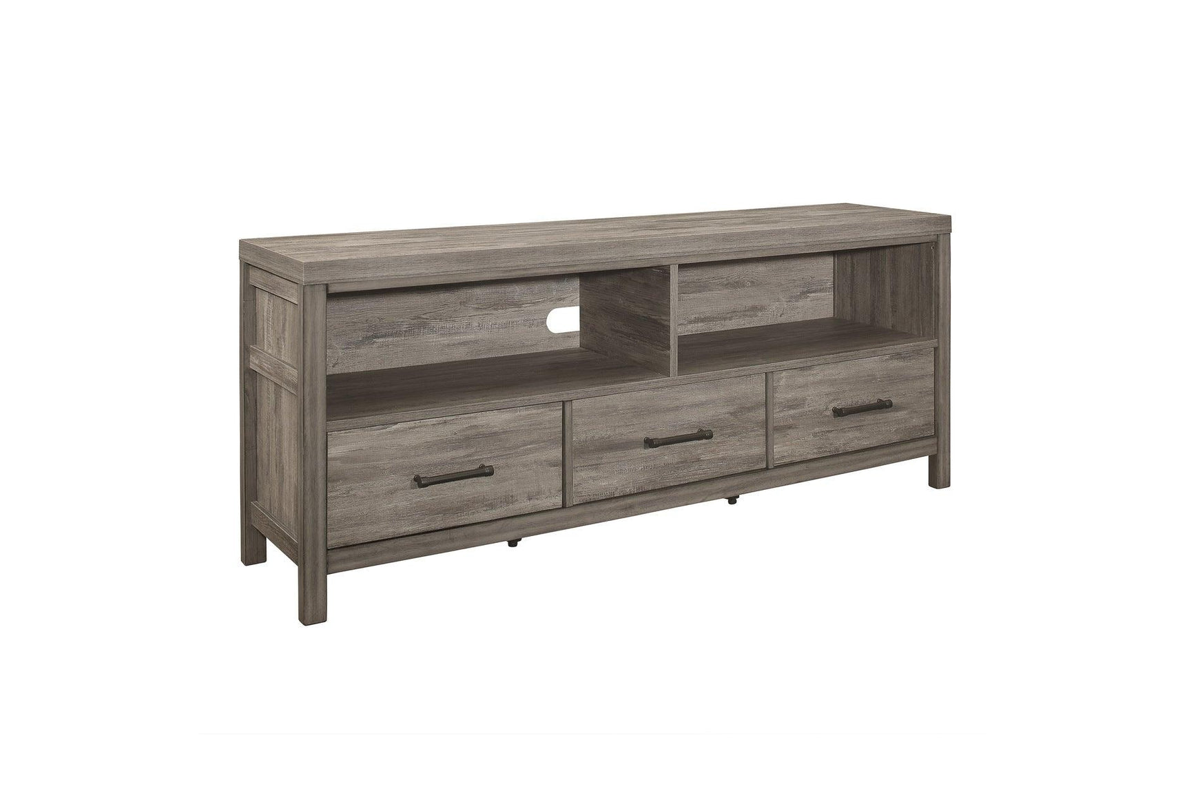 Open storage compartments in Bainbridge Gray TV Stand