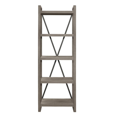 Bainbridge weathered gray rustic bookcase front view with 5 open shelves