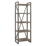 Side view of Bainbridge weathered gray rustic bookcase showing metal X-back supports