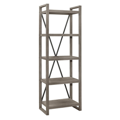 Side view of Bainbridge weathered gray rustic bookcase showing metal X-back supports