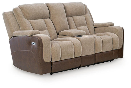 Mixed Motion Brownstone Chenille / Faux Leather Power Reclining Loveseat with Console — angled view