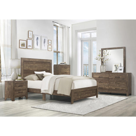 Corbin Rustic Brown Queen Bed angled view showing footboard and rails