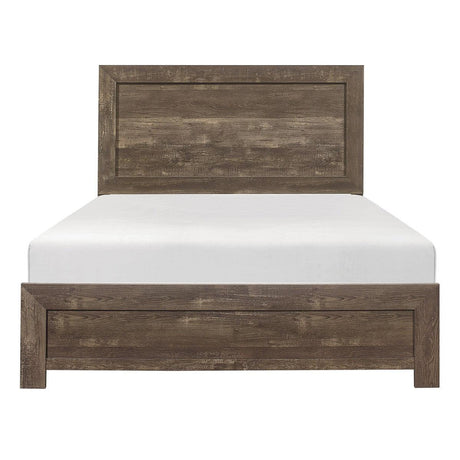 Corbin Rustic Brown Queen Bed front view with embossed faux wood veneer and panel design