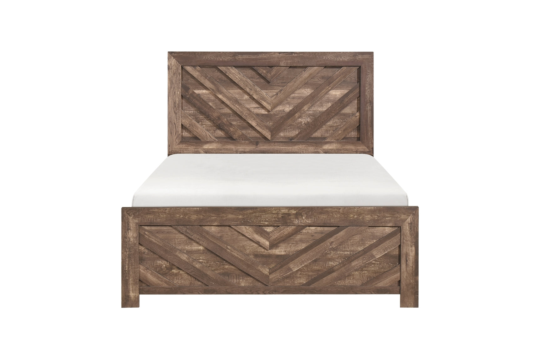 Close-up front view of rustic brown panel bed