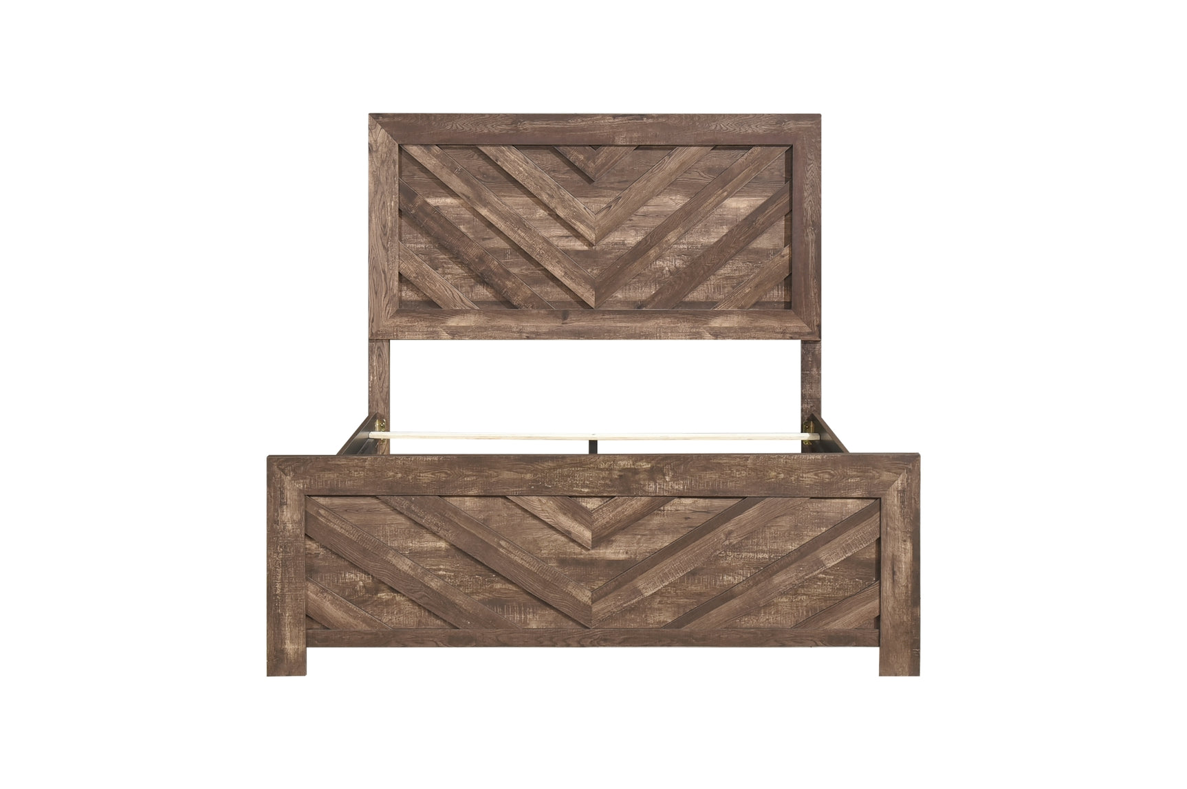 Side angle of rustic panel bed in bedroom