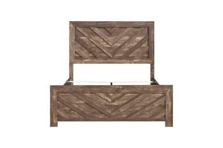 Side angle of rustic panel bed in bedroom