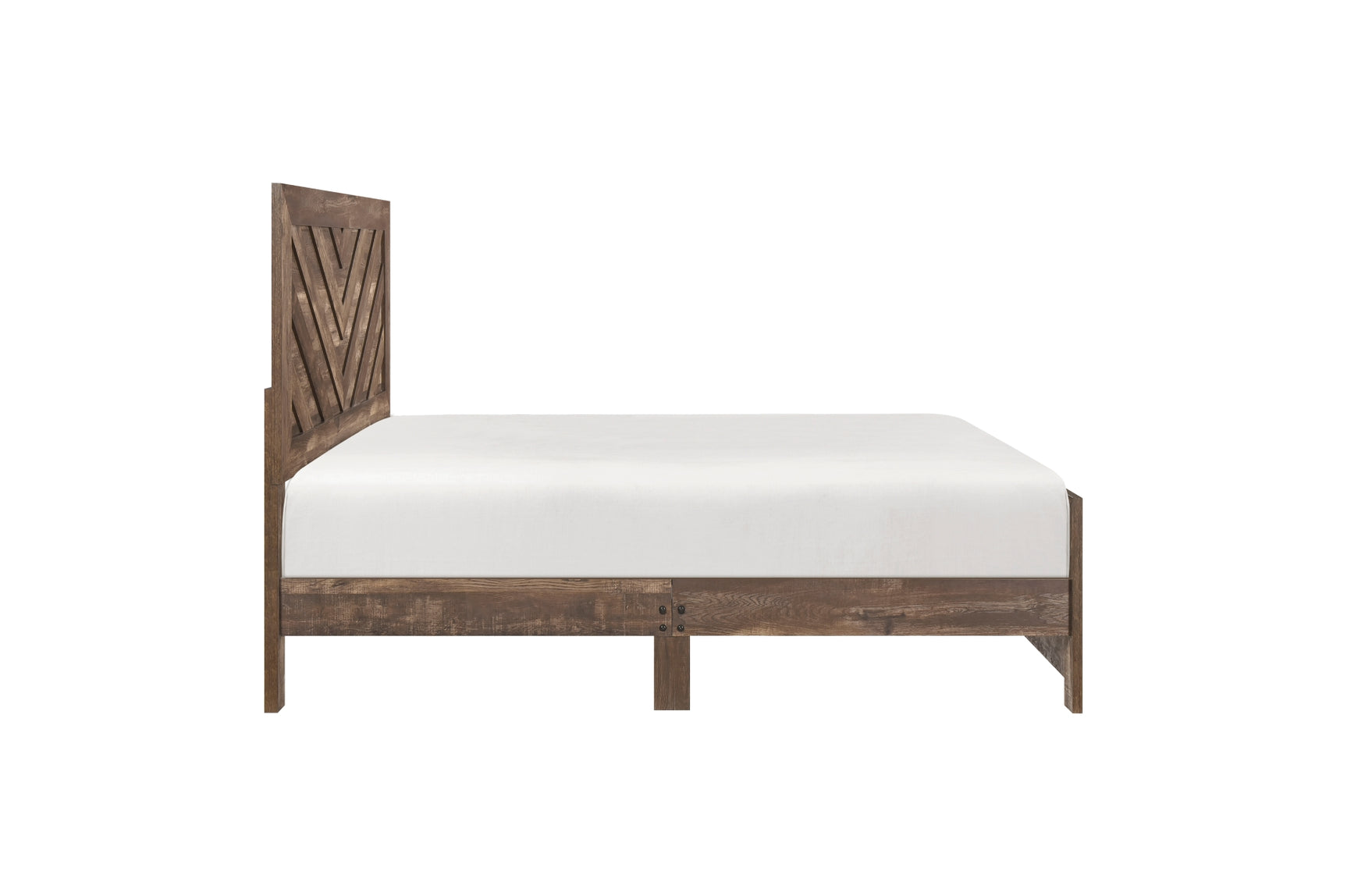 Side perspective of rustic brown panel bed