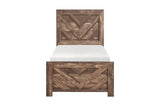 Close front view of rustic brown panel bed