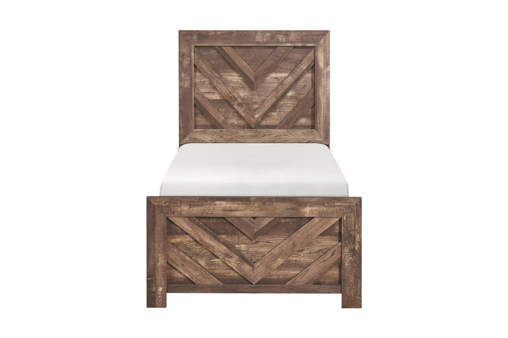 Close front view of rustic brown panel bed