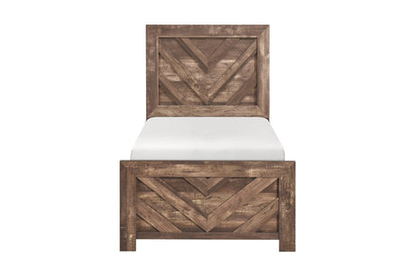 Close front view of rustic brown panel bed