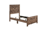 Detailed view of bed panel in rustic brown finish