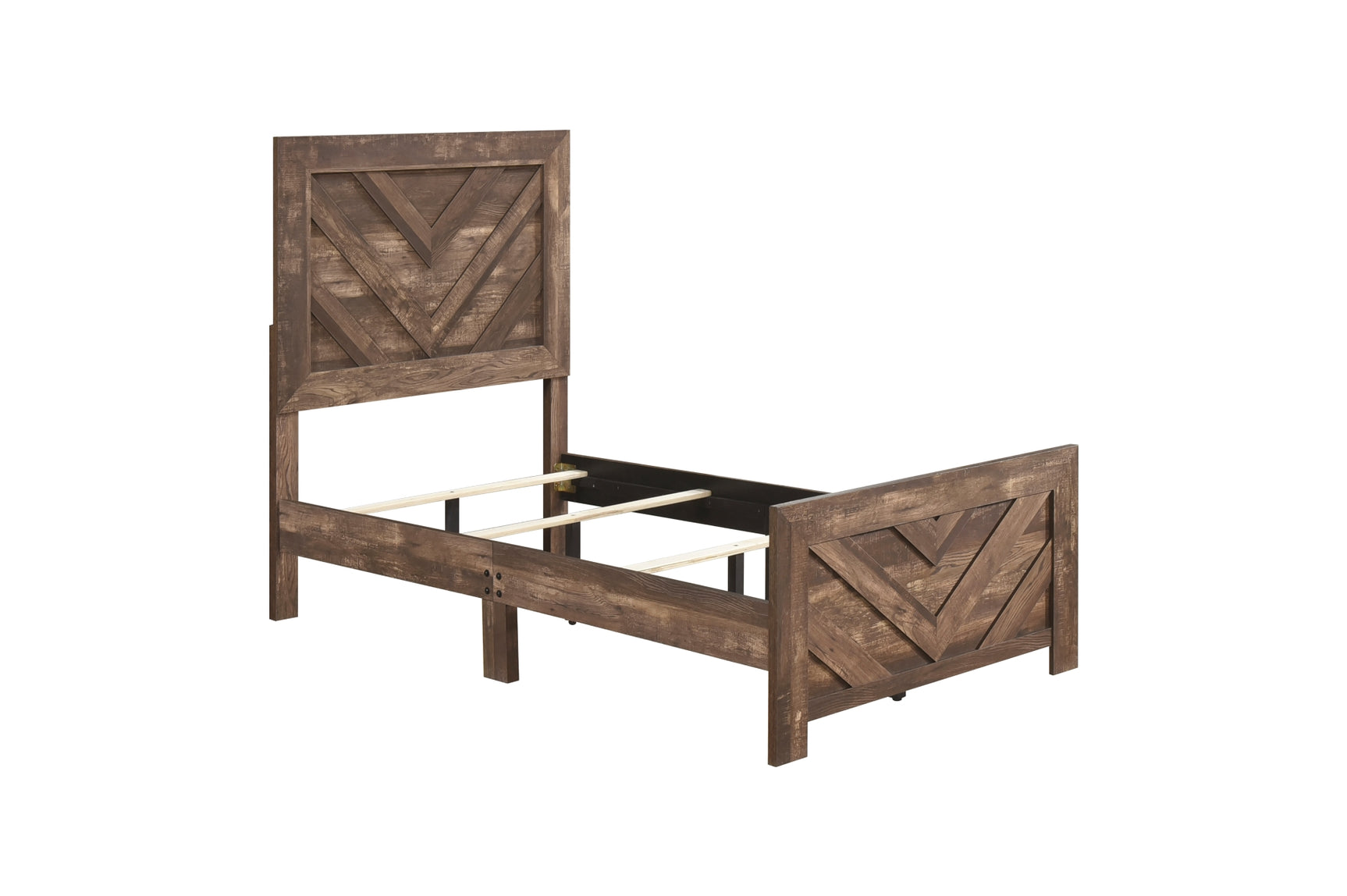 Detailed view of bed panel in rustic brown finish