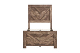 Side close-up of rustic brown panel bed
