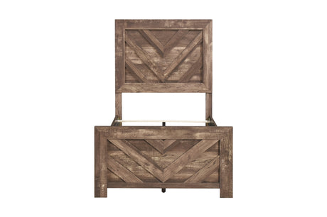 Side close-up of rustic brown panel bed