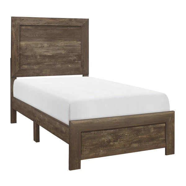 Side view of Corbin Rustic Brown Youth Twin Bed highlighting embossed faux-wood veneer