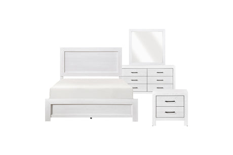 Corbin White Panel Bedroom Set front view with bed, dresser and mirror