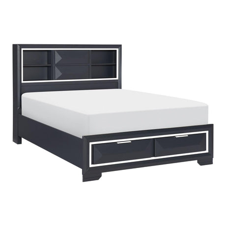 Rosemont Midnight Blue Queen Storage Platform Bed angled view