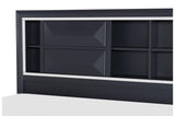 Open dresser drawers with midnight blue finish