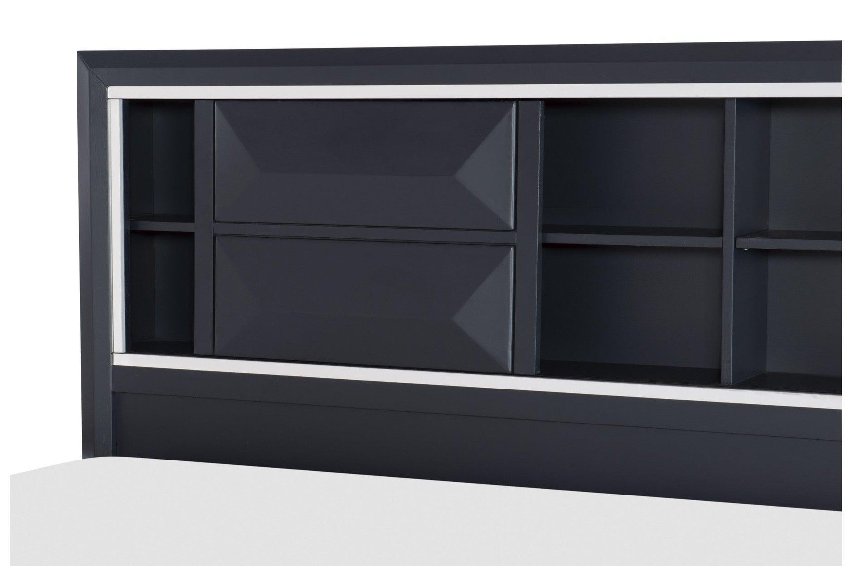 Open dresser drawers with midnight blue finish
