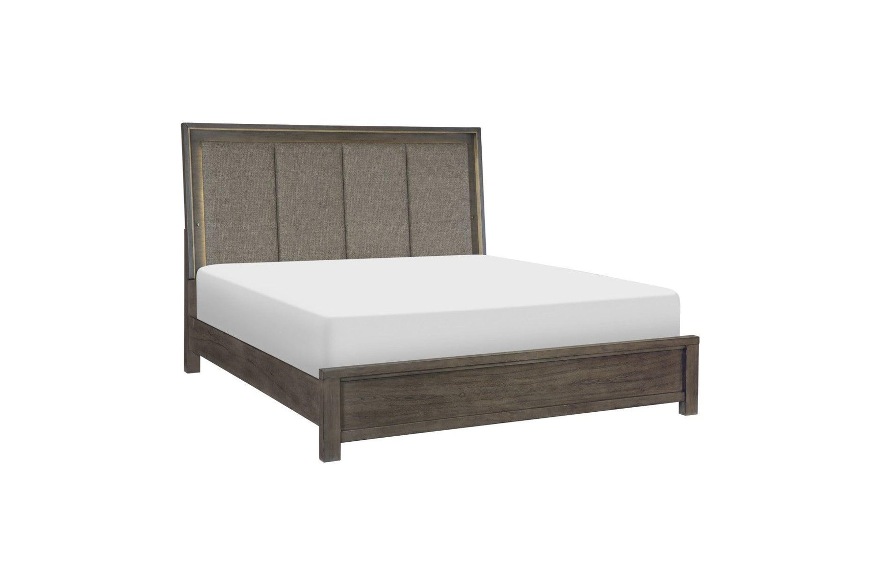 Bedroom setup showing Scarlett Brown Gray fabric panel bed