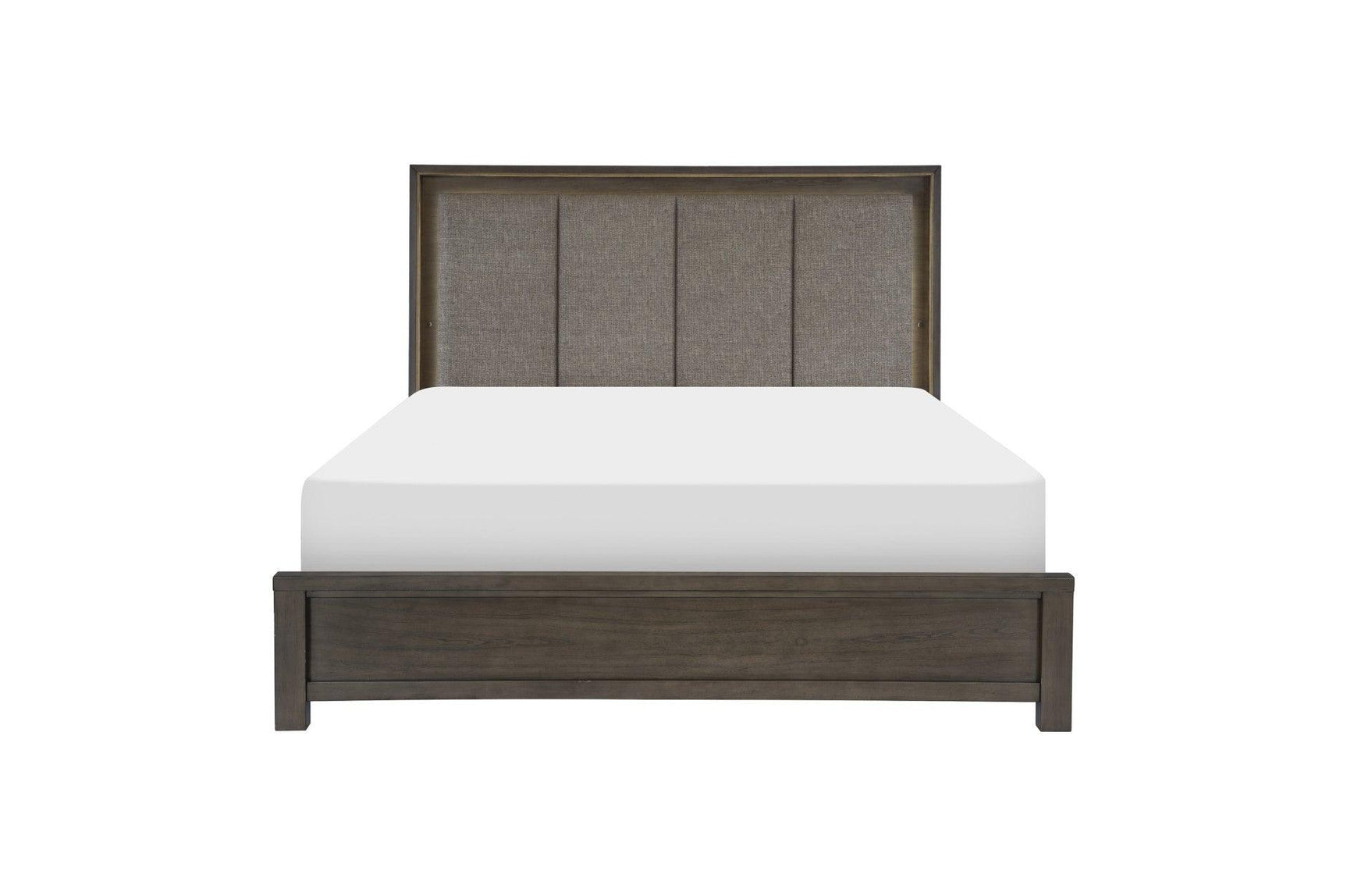 Side view of Scarlett Brown Gray fabric upholstered panel bed