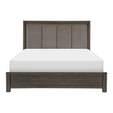 Scarlett King Panel Bed front view showcasing brownish gray finish and fabric headboard