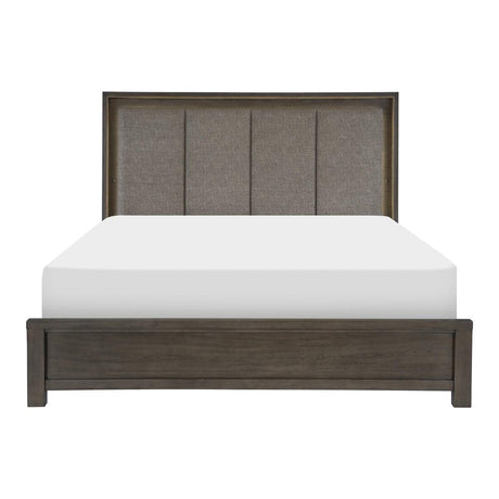 Scarlett King Panel Bed front view showcasing brownish gray finish and fabric headboard