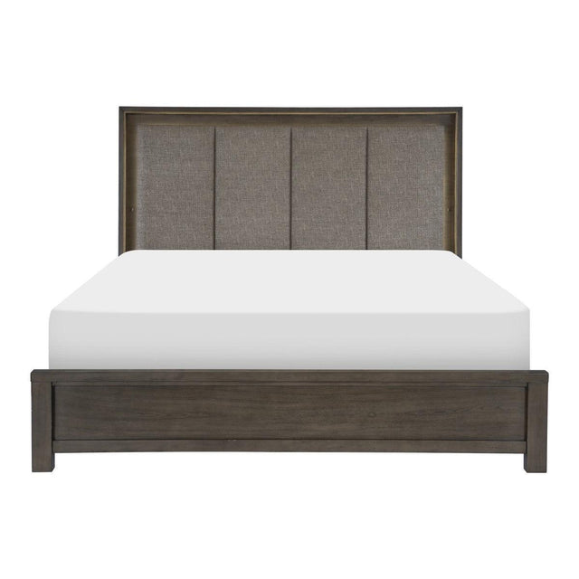 Scarlett Brownish Gray Fabric Upholstered LED Queen Panel Bed front angle