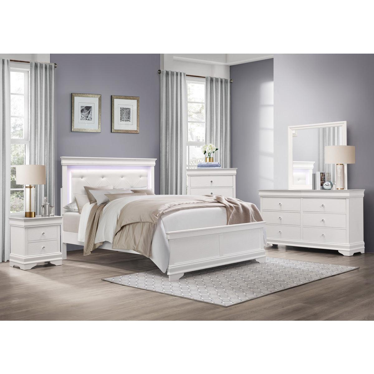 Corbin white tufted faux leather twin bed with LED lighting angle view