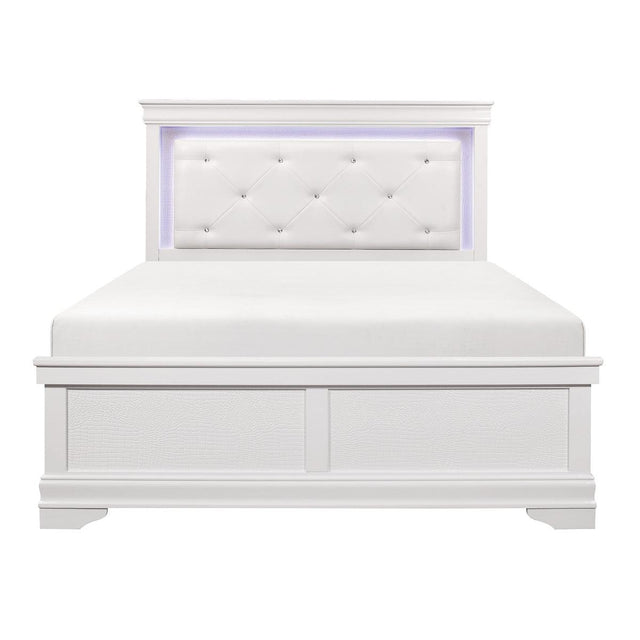 Lana white faux leather tufted full panel bed front view with LED lighting