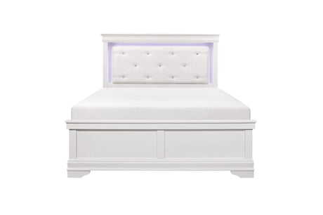 Side view of Lana White Faux Leather Tufted LED Panel Bedroom Set bed