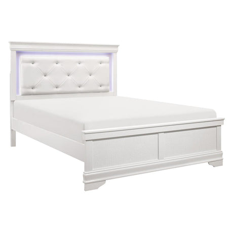 Lana white tufted full panel bed side angle showing LED lighting