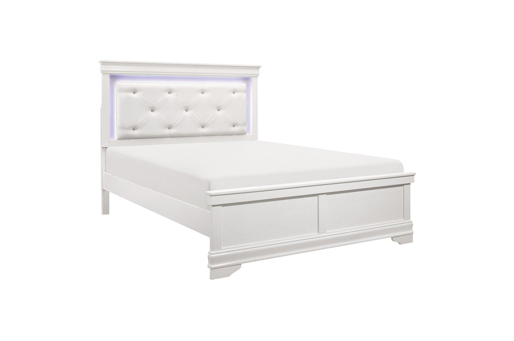 Bedroom view of Lana White Faux Leather Tufted LED Panel Bedroom Set bed