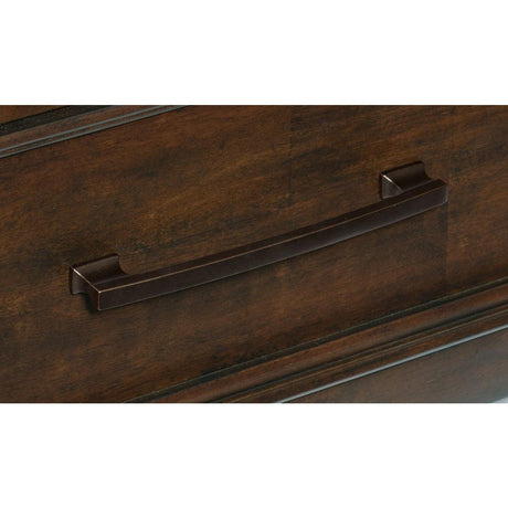 Close-up of dark bronze drawer hardware
