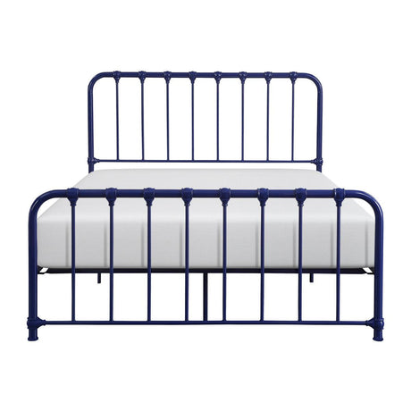 Bethany Blue full metal platform bed front view with headboard