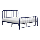 Side view of Bethany Blue full metal platform bed showing footboard
