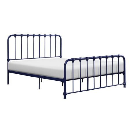 Side view of Bethany Blue full metal platform bed showing footboard