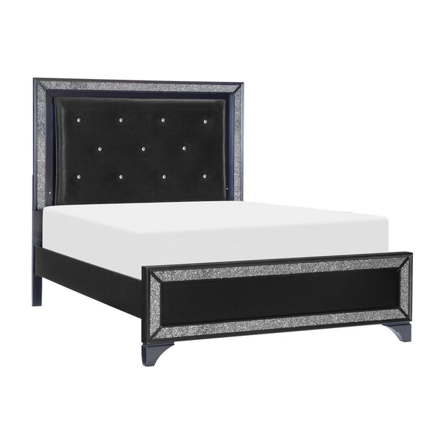 Salon black LED King panel bed angled side view