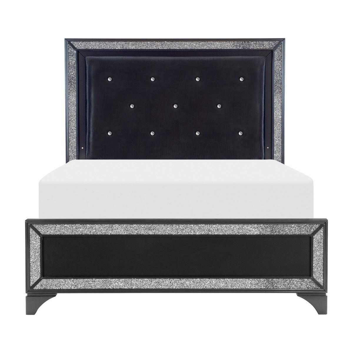 Salon Black Glamour Wood And Engineered Wood Faux Leather Upholstered Tufted LED Queen Panel Bed - front view