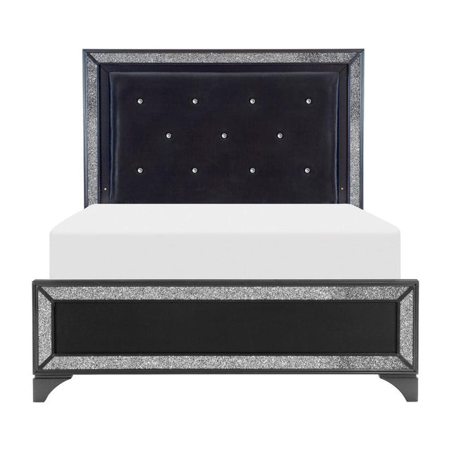 Salon Black Glamour Wood And Engineered Wood Faux Leather Upholstered Tufted LED Queen Panel Bed - front view