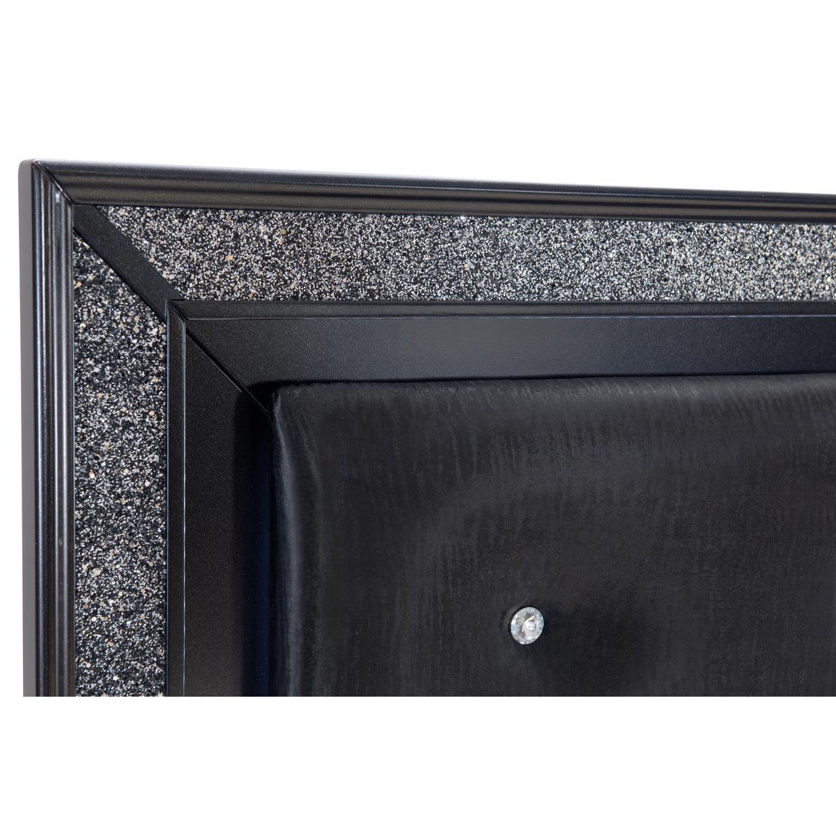 Salon Black Glamour Wood And Engineered Wood Faux Leather Upholstered Tufted LED Queen Panel Bed - detail of button tufting and LED