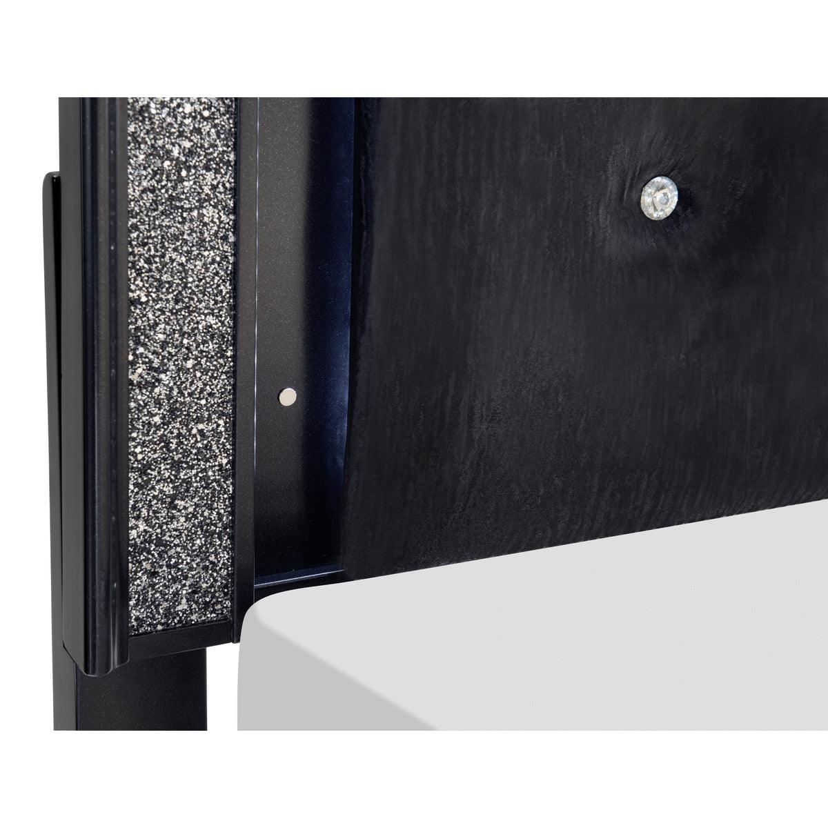 Salon Black Glamour Wood And Engineered Wood Faux Leather Upholstered Tufted LED Queen Panel Bed - closeup of upholstery