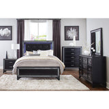 Salon Black Glamour Wood And Engineered Wood Faux Leather Upholstered Tufted LED Queen Panel Bed - bedroom setting