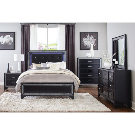 Salon black LED King panel bed styled in bedroom