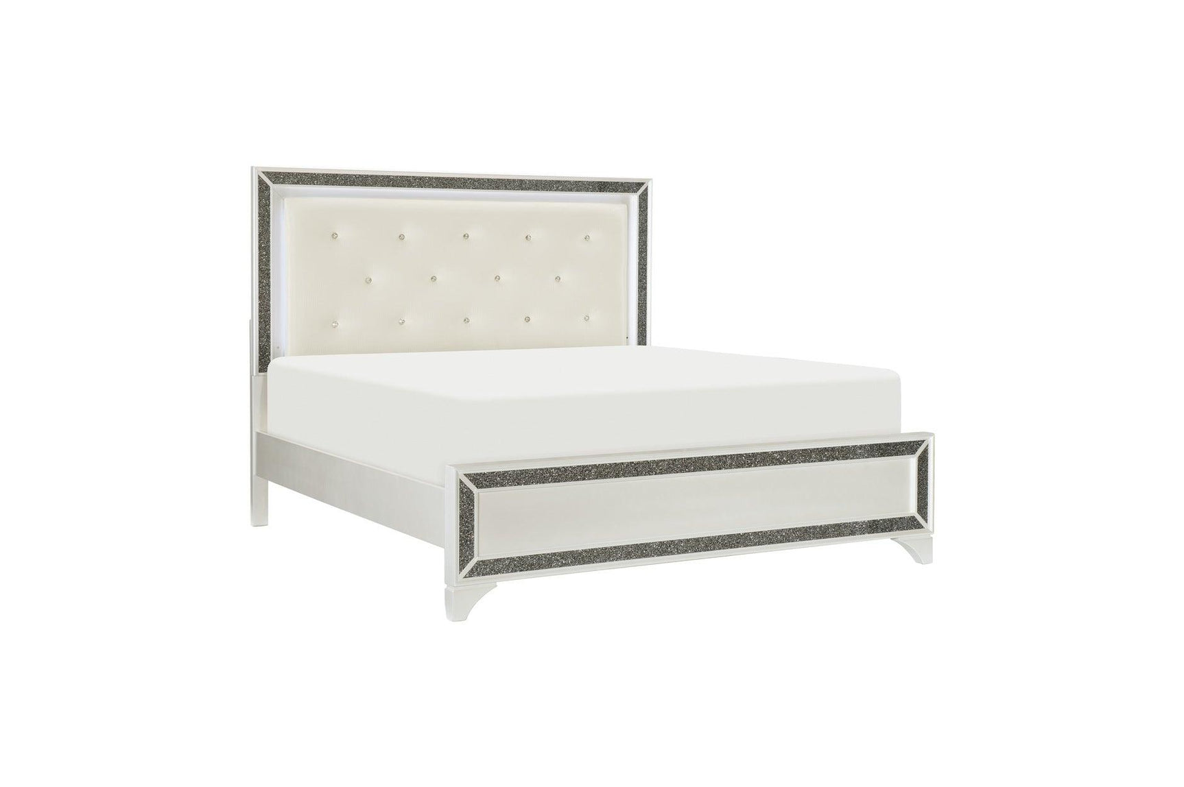 Salon White Faux Leather Tufted LED Panel Bedroom Set bed angled main view
