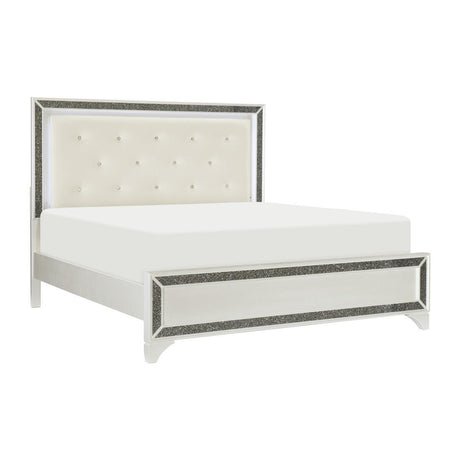 Salon Pearl White LED Tufted Faux Leather Queen Panel Bed angled side view