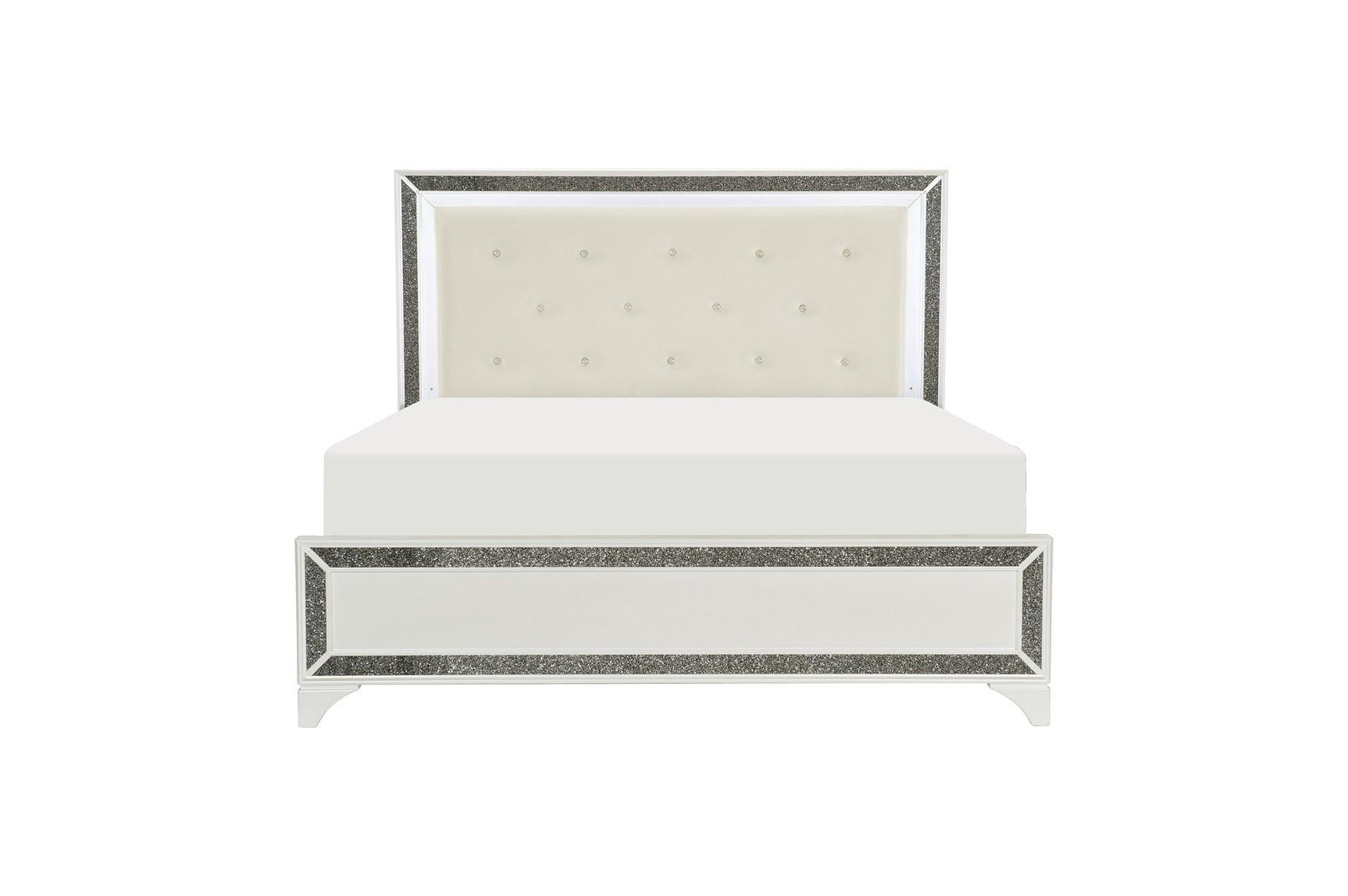 Bedroom view of Salon White Faux Leather Tufted LED Panel Bedroom Set bed