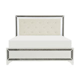 Salon Pearl White LED Tufted Faux Leather Queen Panel Bed front view
