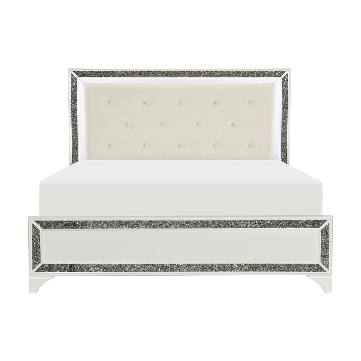 Salon Pearl White LED Tufted Faux Leather Queen Panel Bed front view