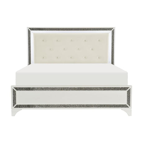 Salon pearl white king panel bed side view showing LED tufted headboard
